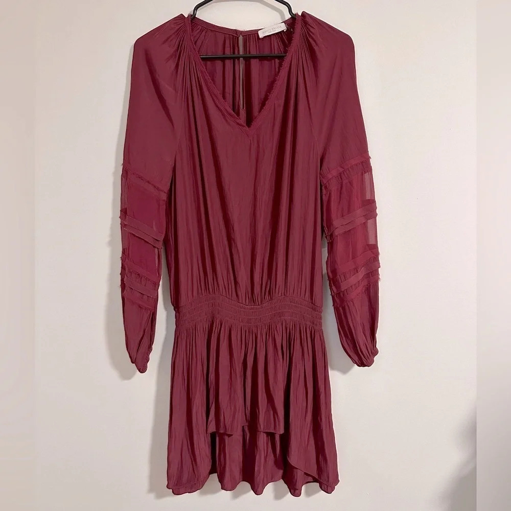 Ramy Brook New York drop waist v neck dress polyester silk burgundy
